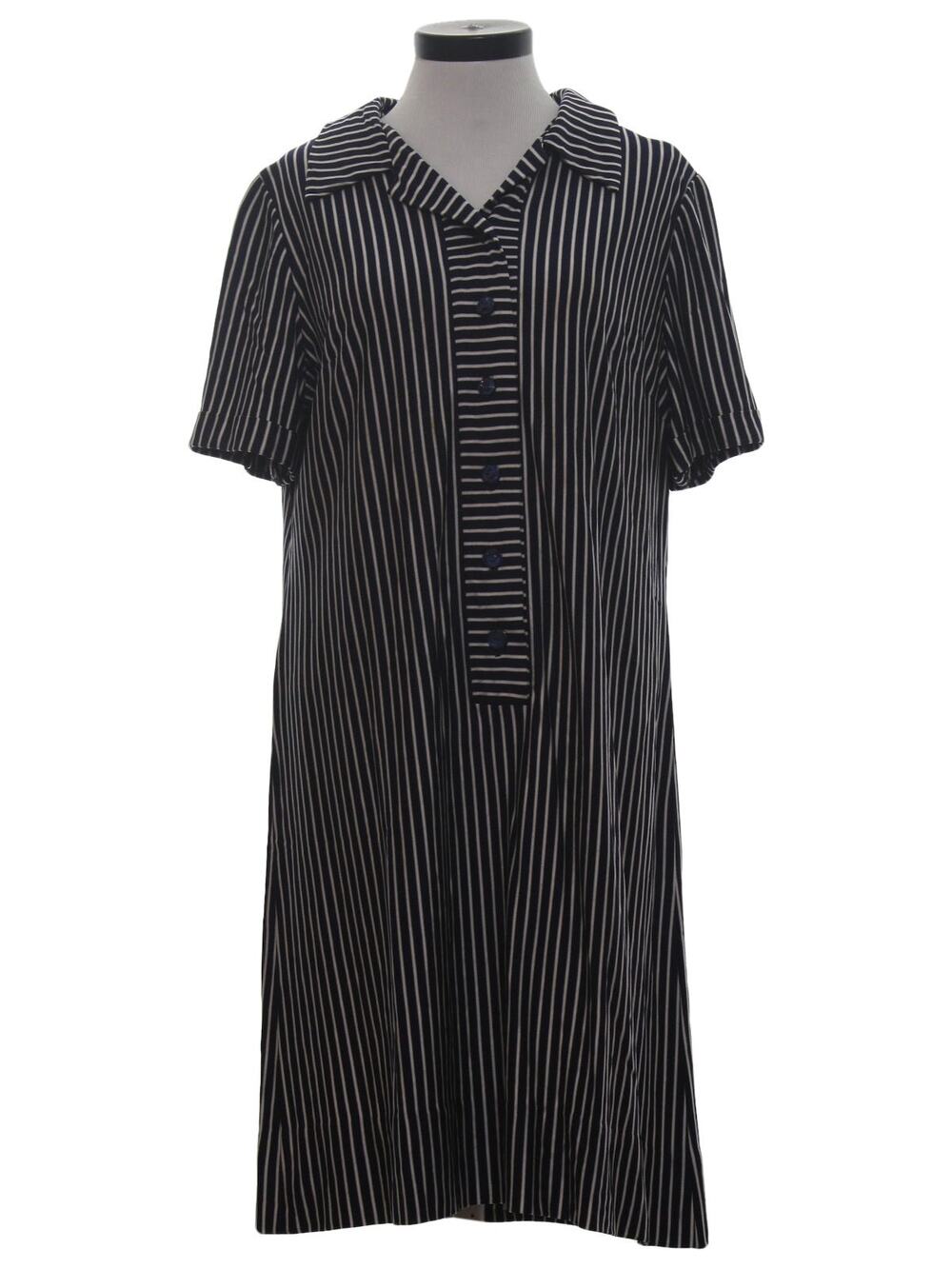 Vintage 1970s Jack Roberts Navy Pinstripe Knit Shirt Dress Women’s XL